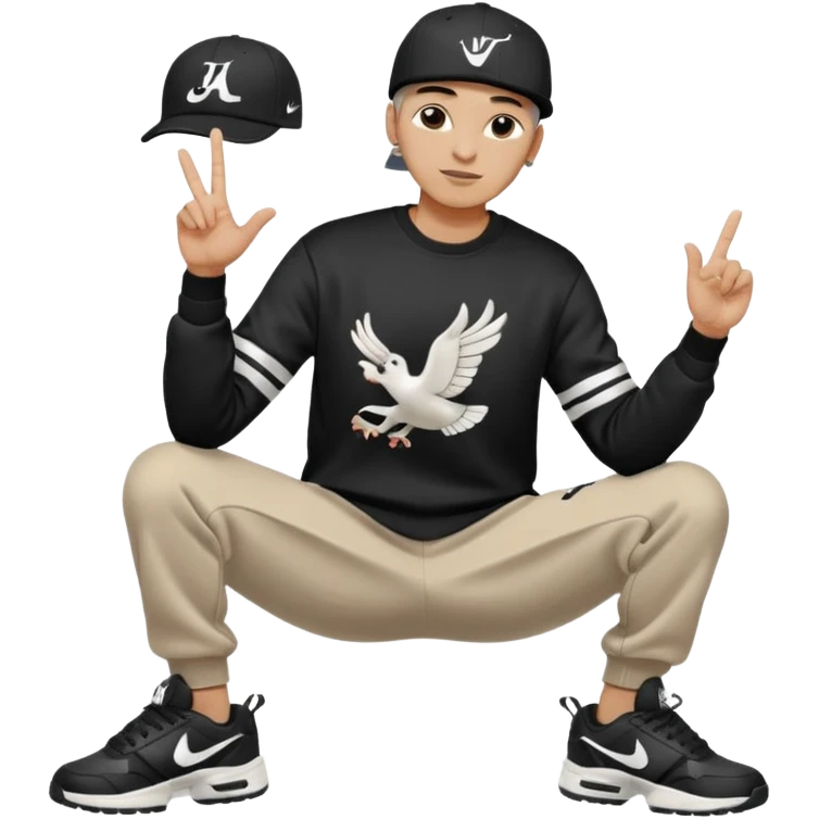 Crea Un Emoji De Cuerpo Completo Que Sea Hombre Con Corte Alucin Que Tenga Gorra Nike, Suéter Negro Que Tenga La Letras LA El La Parte Del Corazón, Zapatos Adidas Con Una Palomita✅, Pantalón Ancho O Bellaco Con Unos Diseños De Palomas Blancas Y Asiendo Una Pose Con Su Mano Que Sea Está 🤙🏽. emoji