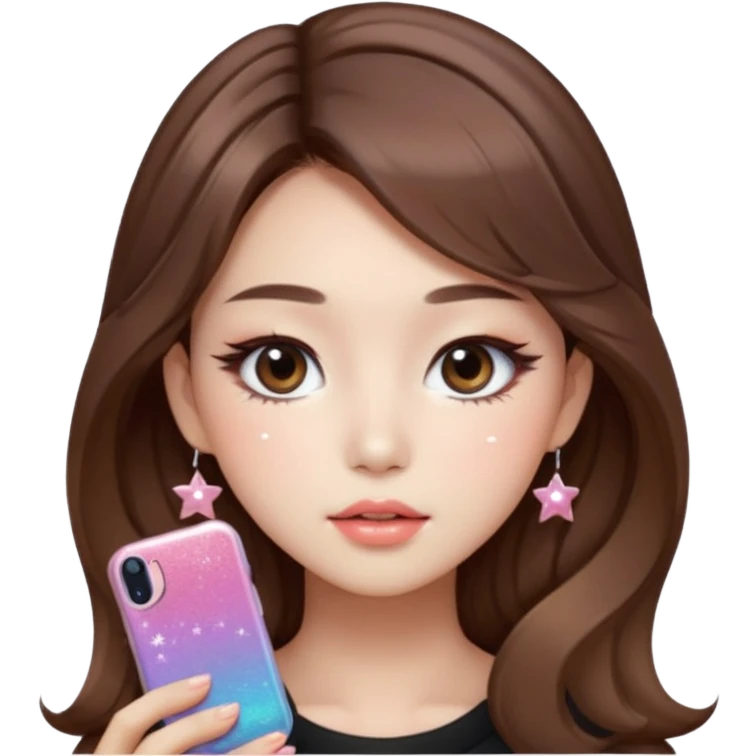 “korean straight brown hair Emoji girl, soft eyeliner and blush, gradient lips, light brown shimmer eyeshadow, sparkly aegyo-sal, long wavy hair,  emoji