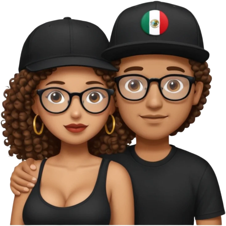 A picture of a tanned couple embracing. the guy is Mexican, with a bald hair cut and he has a SnapBack hat on. The girl is mixed, the girl is wearing a black shirt, the girl has brown curly big hair and the girl has big boobs and the girl wears glasses  emoji
