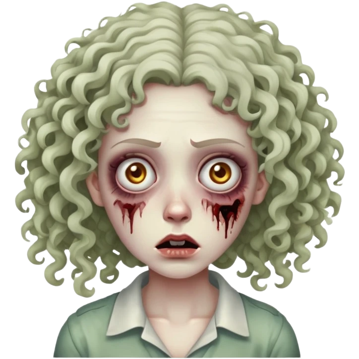 Uma mulher zumbi e cacheada com olhos cansados dúvida emoji