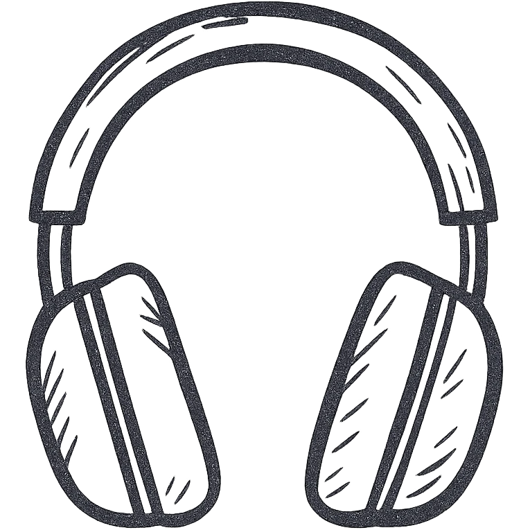 Studio headphones, white fill, side view, hand drawn style, black outlines emoji