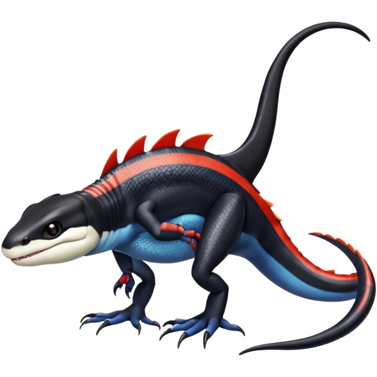 Black and white Orca-hybrid-reptile-reptilian-lizard-skink-gecko-Digimon-Fakémon-Pokémon-fusion-hybrid full body, two legs, two arms, claws, anthropomorphic, with red stripe emoji