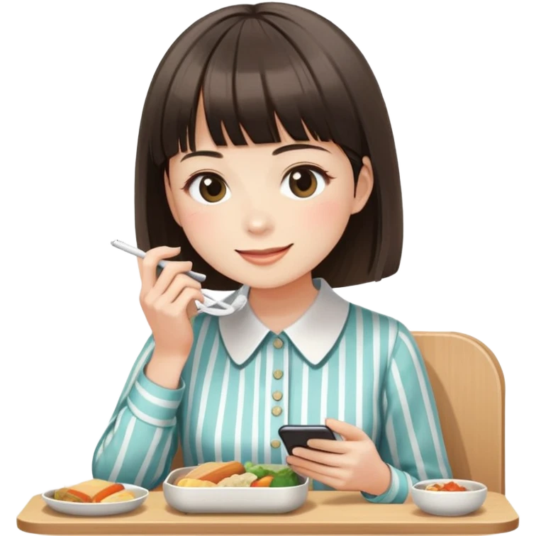 Gender: Female Hair: Blunt bangs with chin-length cut Face: Soft oval shape, closed-mouth smile Clothes: Collared striped blouse Action: Eating bento while scrolling phone emoji