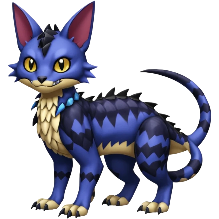midnight blue-gray-black, scaley scaly batty feline-like quadrupedal digitigrade furry feral Bastet-Noibat-Gatomon-Garchomp-Digimon-Fakémon-Pokémon-creature (full body) emoji