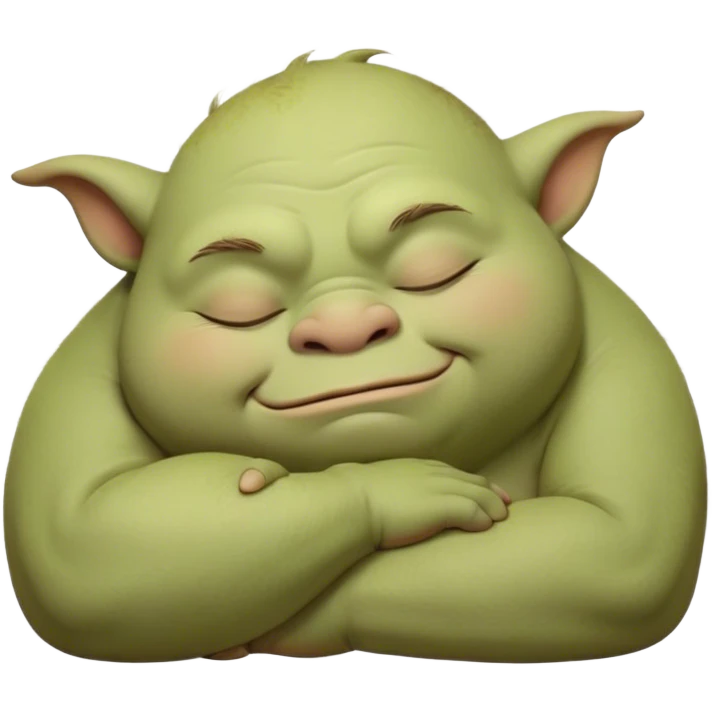 Meme-Worthy Cute Sleeping Ogre Portrait Emoji, with a surprisingly endearing, plump figure in soft earthy greens and browns, head drooping gently with closed, relaxed eyes and a content, sleepy grin, simplified yet adorably detailed, glowing with a soft warm outline that captures the peaceful slumber of a friendly ogre after a day of gentle mischief! emoji