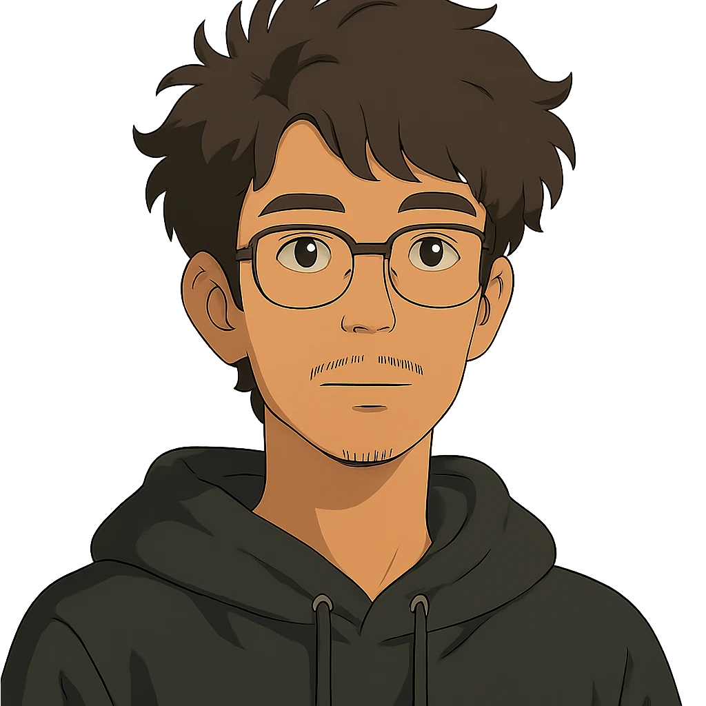 Malay teenager with fluffy hair, long face, light mustache, glasses, and a black hoodie in ghibli style emoji