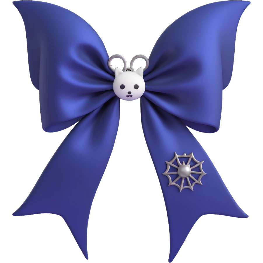 3D emoji gothic bow, midnight blue silk, silver bat charm, and subtle spiderweb pattern emoji