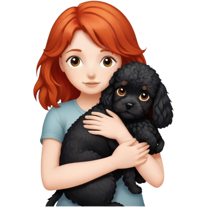 Red-haired-girl hugs black-Cavoodle-dog emoji