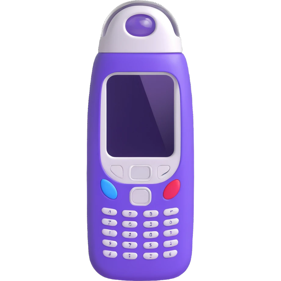 A very realistic 3D style elixir bottle shaped like a Nokia 3310 phone, with a cap on top, transparent bottle with violet elixir inside, clearly visible phone buttons, no text. emoji