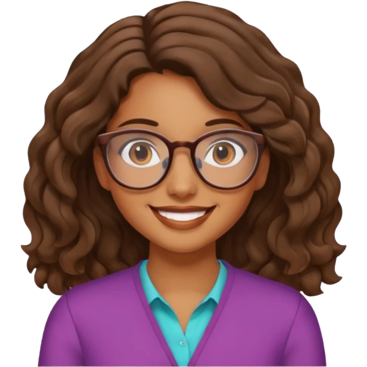 brown girl with wavy  shoulder length hair. glasses, emoji
