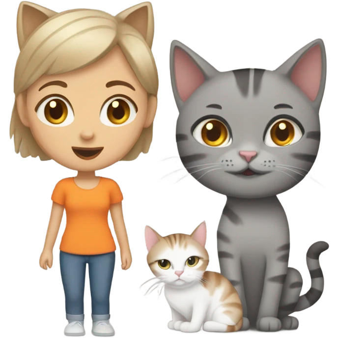 girl with buzzcut with one grey tabby cat and one brown and orange cat emoji