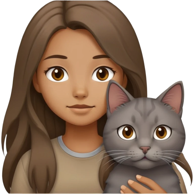 a longhair girl wearing a brown shirt with a grey cat emoji
