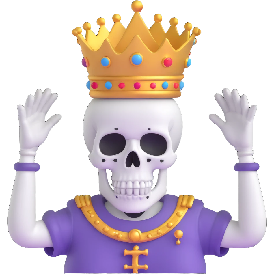 A shocked skull with a crown on top, both hands raised pressing on its head in disbelief, black and white emoji