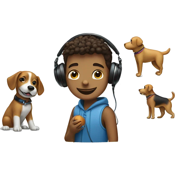 A boy playing with a dog with a ball, while listening to music on airpods and flying a drone emoji