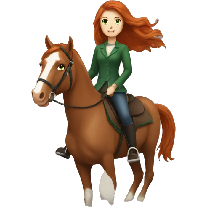 long-haired redhead woman with green eyes, on a horse back riding emoji