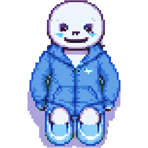 Sans from Undertale, pixel art, grinning, wearing slippers, minimal background emoji