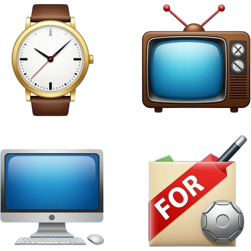 Emoji that show a collage of items like a watch,tv, pc etc which will be used as a for sale button icon with blue background emoji