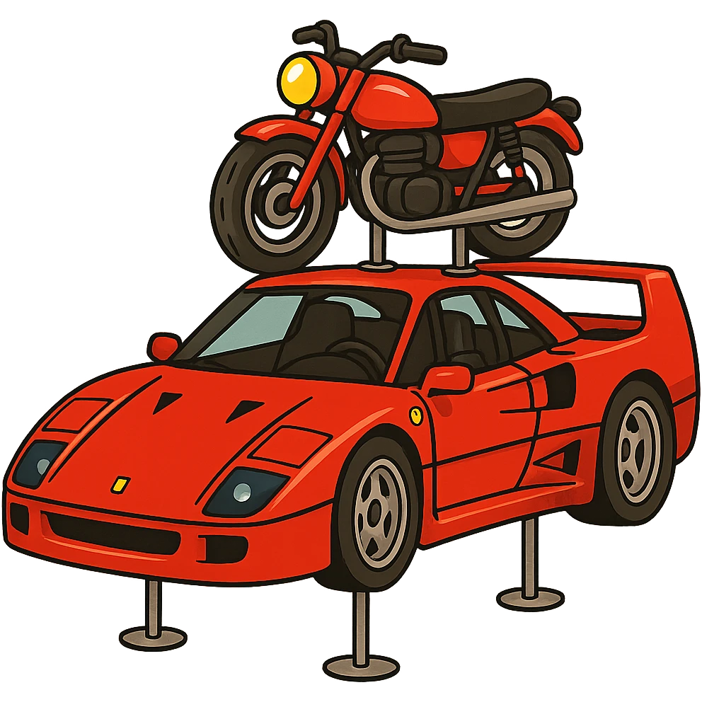 Add visible supports holding up the red motorcycle on the roof of the cartoonish F40. The background should be transparent, isolating the subject clearly. emoji