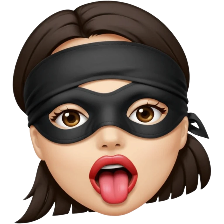 woman with dark brown hair wearing black blind fold completely covering her eyes. tongue out and saliva coming from mouth emoji