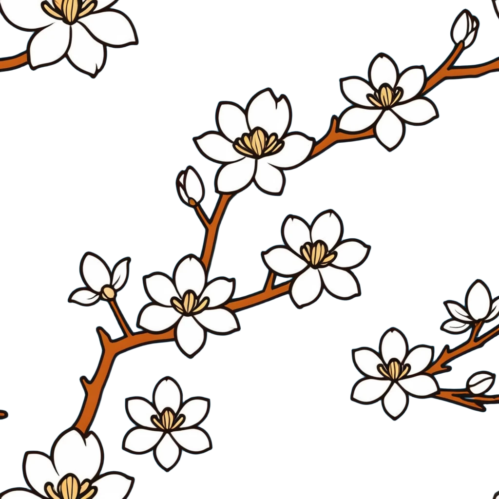 Artistic Japanese Magnolia kobus (kobushi) blossom with elegant composition reminiscent of kimono patterns, white star-shaped flowers on dark branch, gold accents, soft blue background emoji