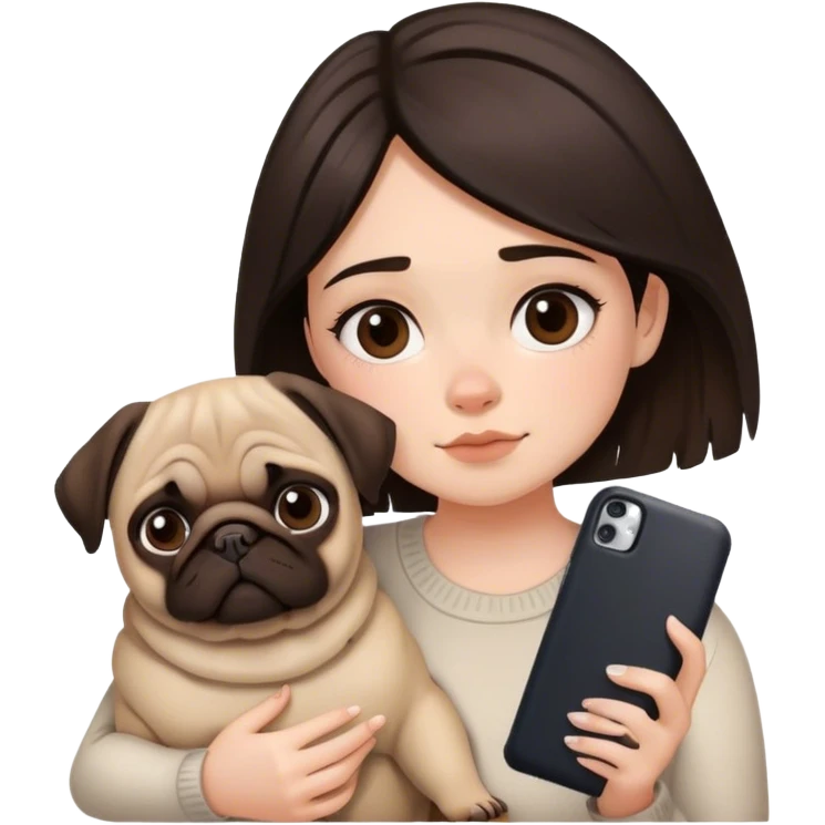 Pretty girl with dark brown casscading choppy hair frames her face as she holds her phone and her big pug lays beside her emoji