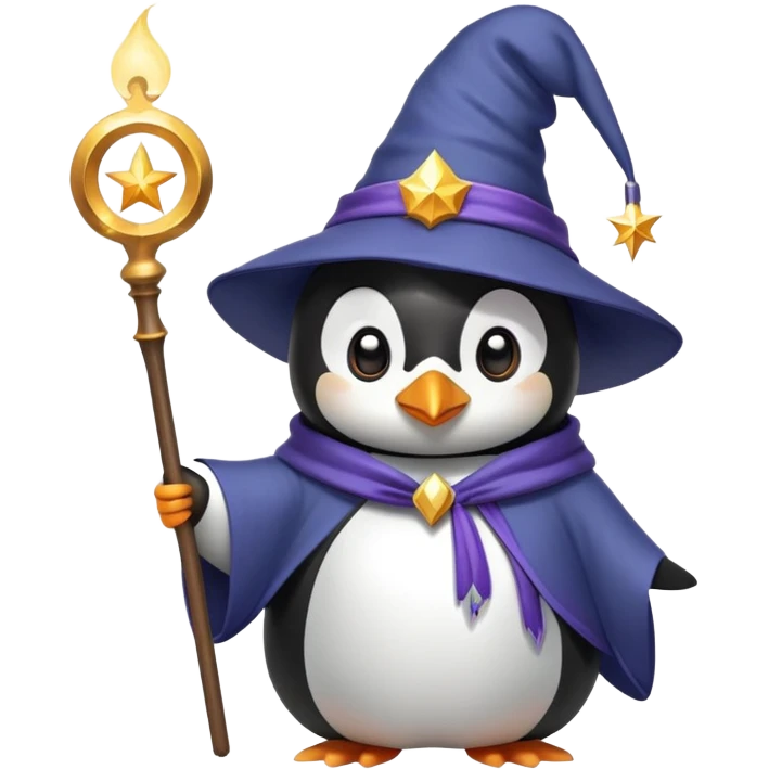 penguin wearing a wizard hat and robe holding a magic wand emoji