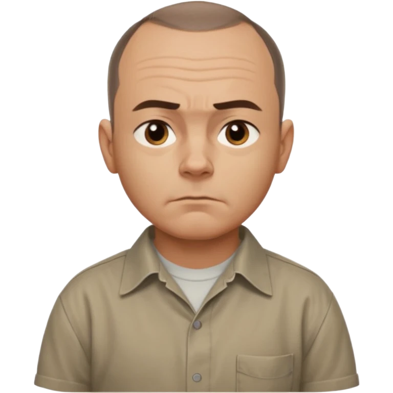 Carl from Sling Blade, serious expression, recognizable features, chin sticking out, slouching posture, no glasses, shirt with collar,  side view,show his entire body, he is standing. three-quarter face angle. He sticks his head forward. not apple style emoji emoji