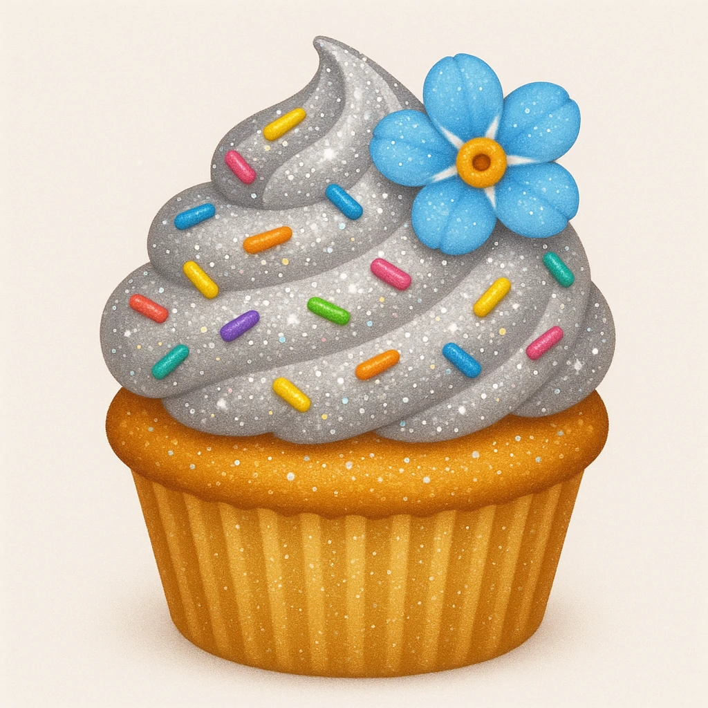 Add edible glitter and a small blue flower to the cupcake with silver frosting and rainbow sprinkles in emoji style. emoji