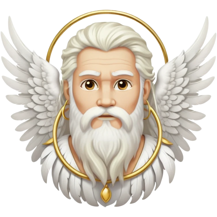 Zeus-like deity with large white feathered wings, long white hair and beard, wise expression, gold hoop earrings hanging from ears emoji