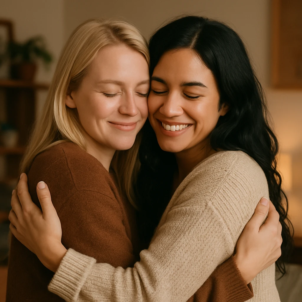 two women, one blonde and one with black hair, embracing as a lesbian couple, warm and friendly atmosphere emoji