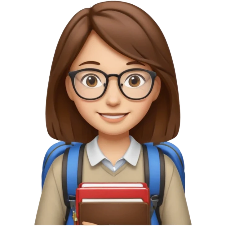 brown hair woman going to university wearing a glasses, looks pretty emoji