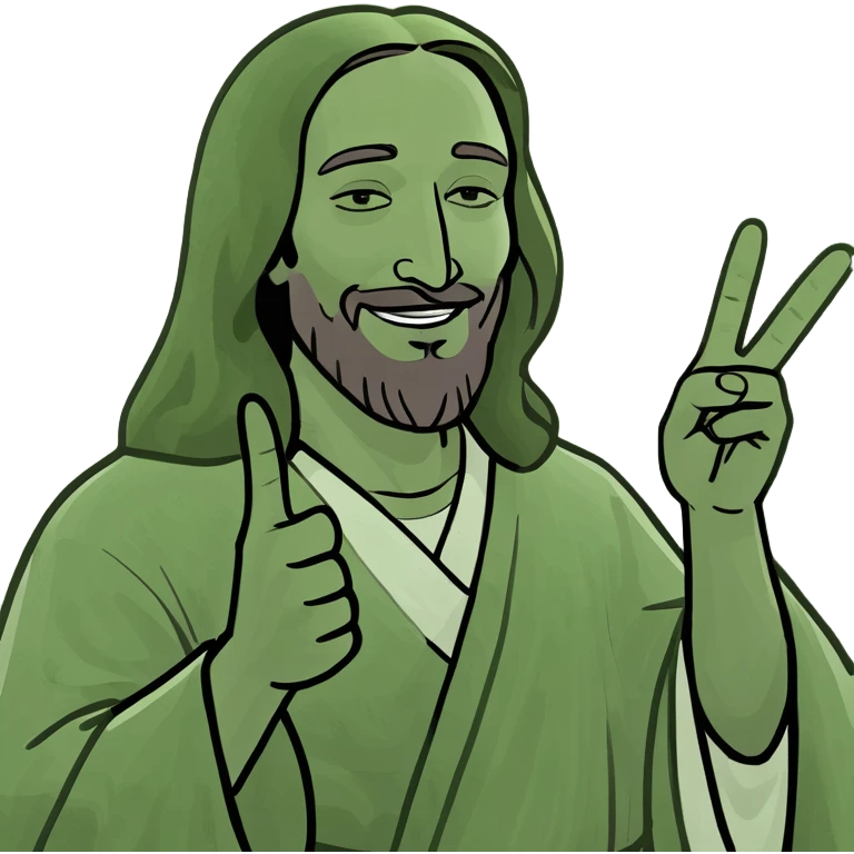 Jesus making a peace sign, meme style, friendly, humorous, social media meme emoji