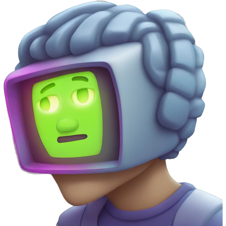 A person looking at a computer with neon-like fluorescent light shining on their face. emoji