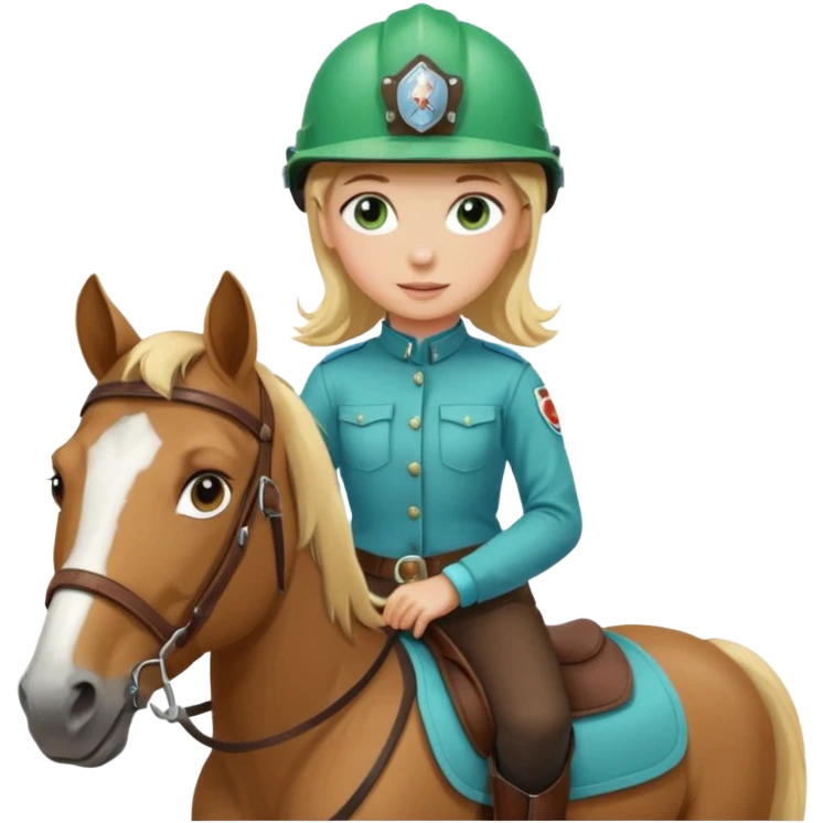 una ragazza bionda con occhi azzurri/verdi sopra un quarter horse con criniera marrone emoji