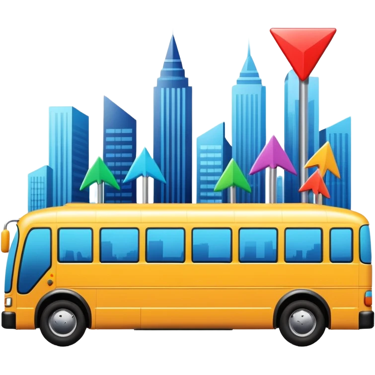 sleek bus from a slight angle with three colorful arrow signs pointing to city icons, no skyline, vibrant colors emoji
