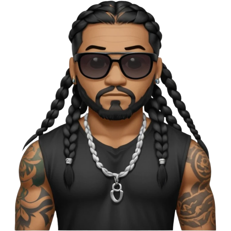 Samoan male. Facial hair on chin only.
Untucked loose fitting black t-shirt. 
long black braided hair.
very muscular.
Even More tattoos. 
Tough and menacing.
Dark black square sunglasses. emoji