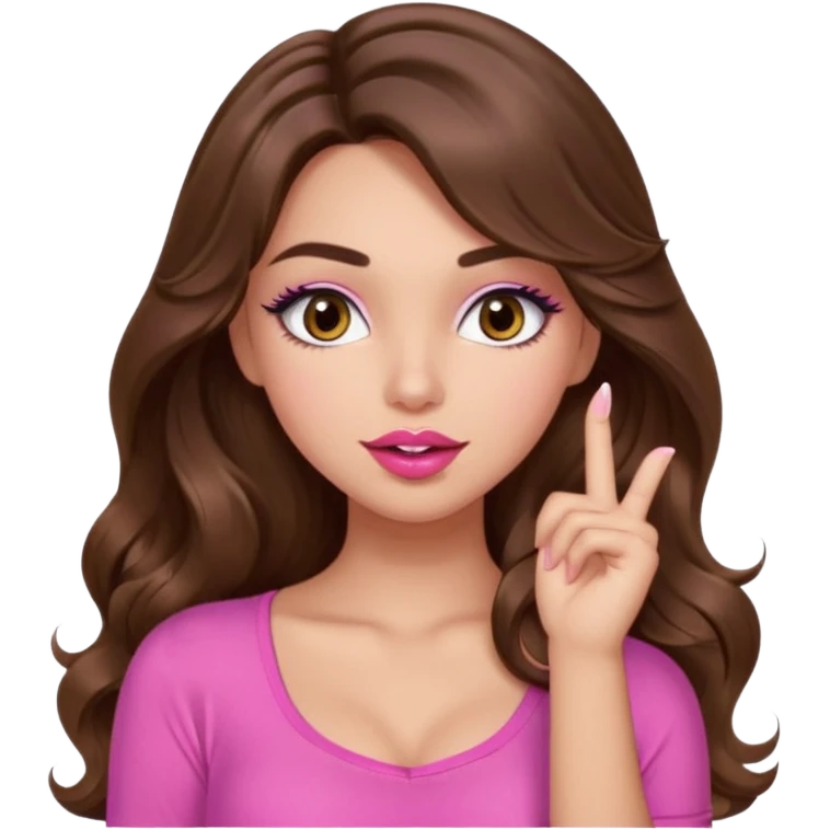 girl with long wavy brown hair, brown eyes, light to medium complexion, in a pink sexy top, pink lips, long lashes, shushing with one finger on the lips emoji