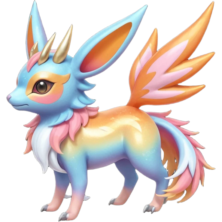  Shiny realistic cool beautiful iridescent light warmly colored reddish-orange-gold-gradients neon vibrant colorful pastel flourishing flurry fuzzy Nargacuga-Palkia-Sylveon-Meloetta-Noibat-fusion-animal-Fakémon-hybrid-creature, by griffsnuff emoji