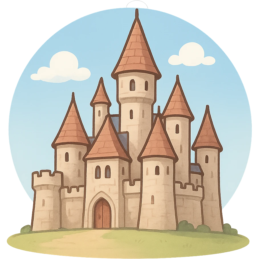 一个欧洲西方世界的奇幻城堡，前景有一片空地，蓝天白云 emoji