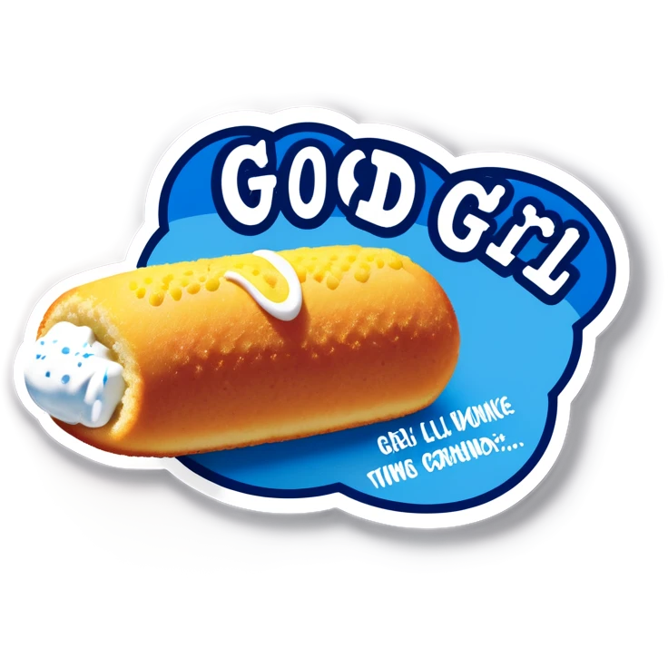caption saying good girl. The picture of a Twinkie with white frosting all over it and a small blue washcloth on top of the Twinkie. ￼ emoji