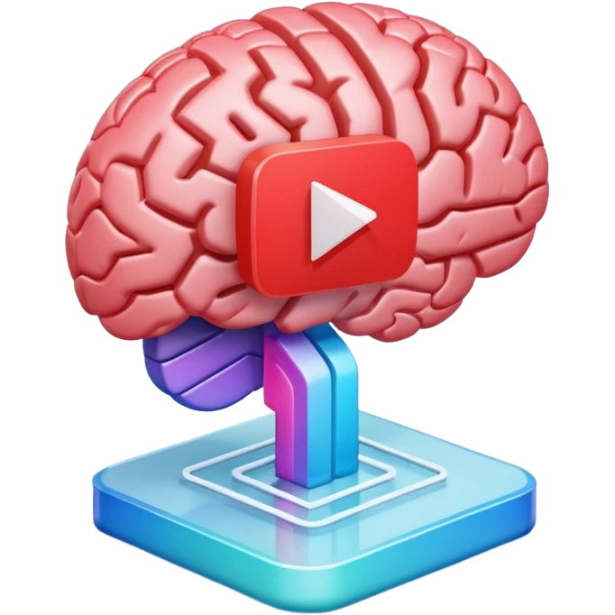3D icon design, brain with YouTube play button symbol integrated into brain structure, glassmorphism style, soft shadows, gradient colors, modern app icon aesthetic, isometric view emoji