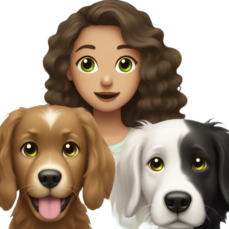 Girl with brown hair and green brown eyes next to a black golden retriever and épagneul breton black and White  emoji