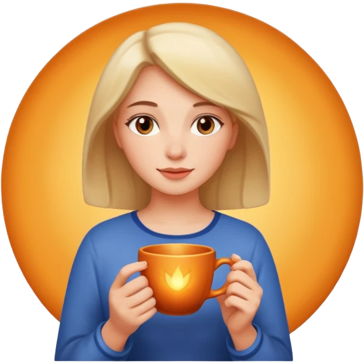 The woman holds a cup in her hands. There is a glow around the girl. emoji