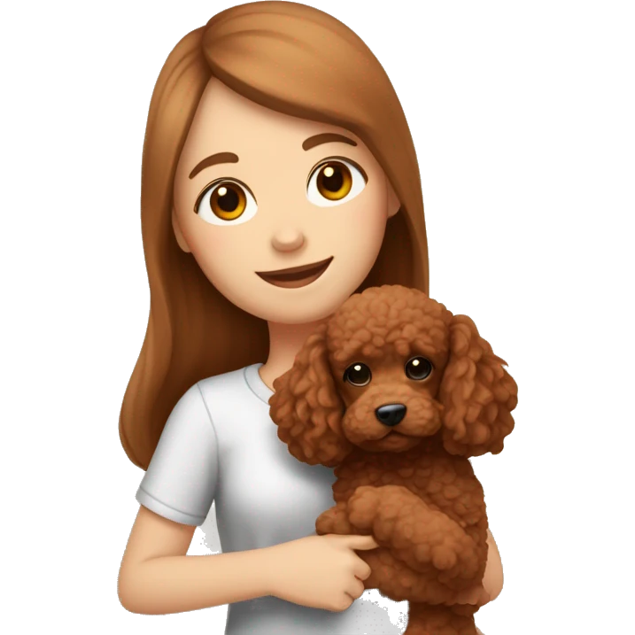 A white girl with long brown hair hugging a cute red brown toy poodle puppy  emoji