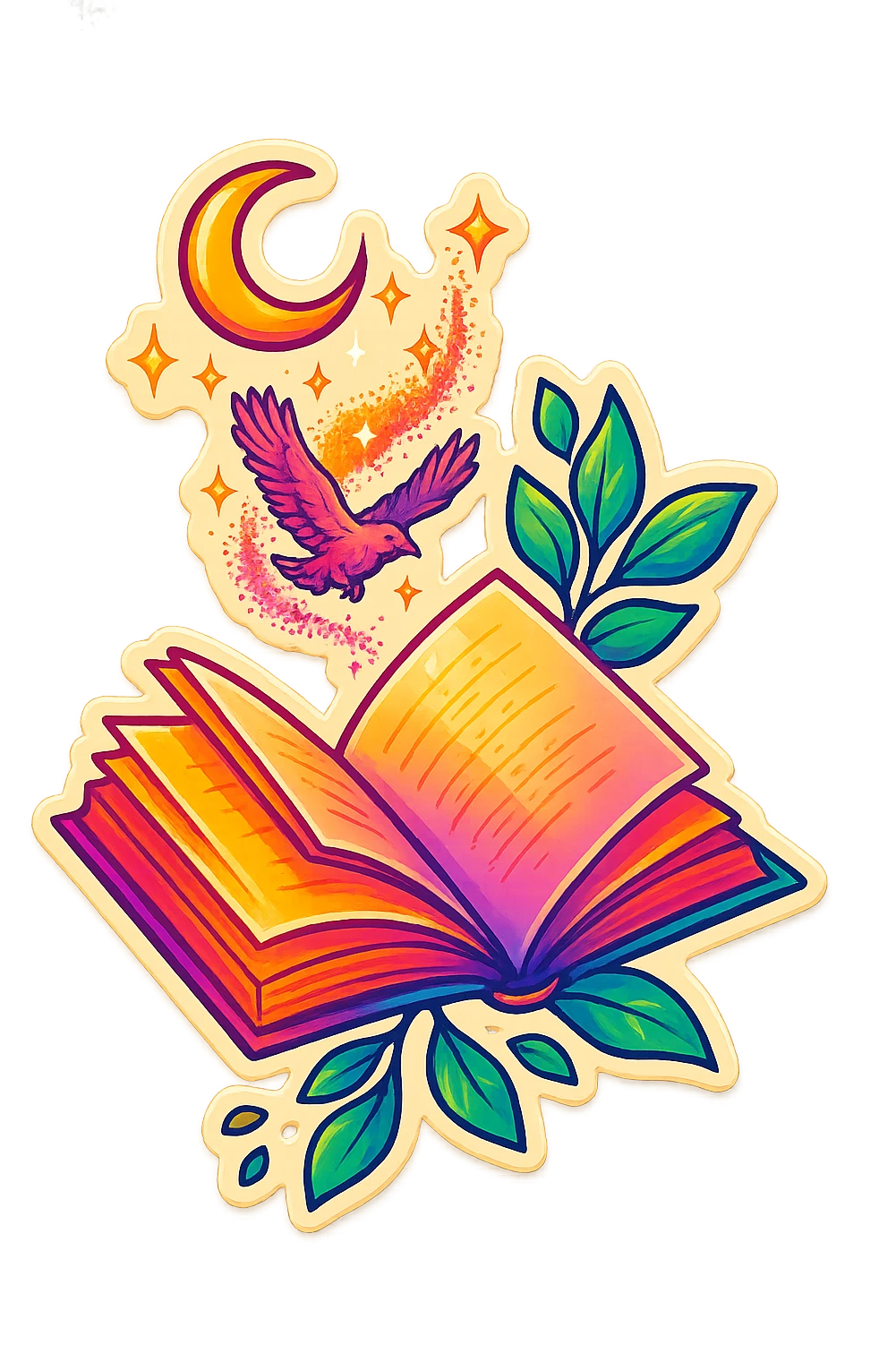 A magical book with leaves, a flying bird, a crescent moon, and sparkles in retro stickers style. Keep the composition and elements close to the reference image, but add a sense of magic and glowing energy. emoji