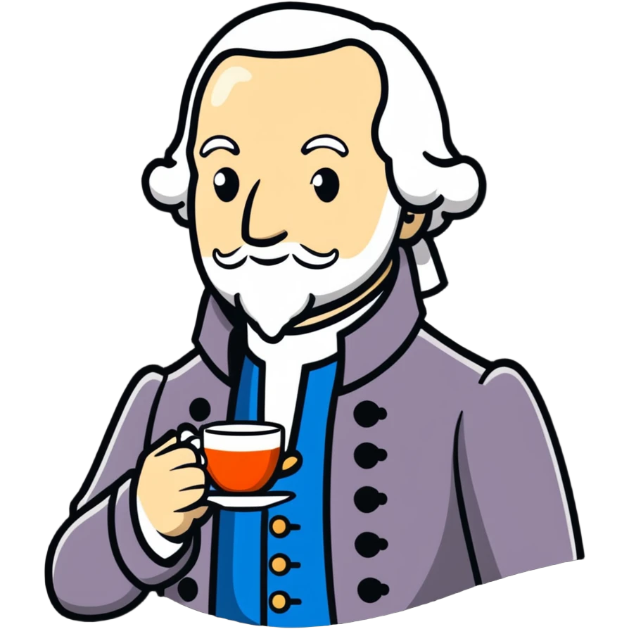 Adam Smith with a scholarly appearance, beard, 18th century attire, enjoying a cup of tea emoji