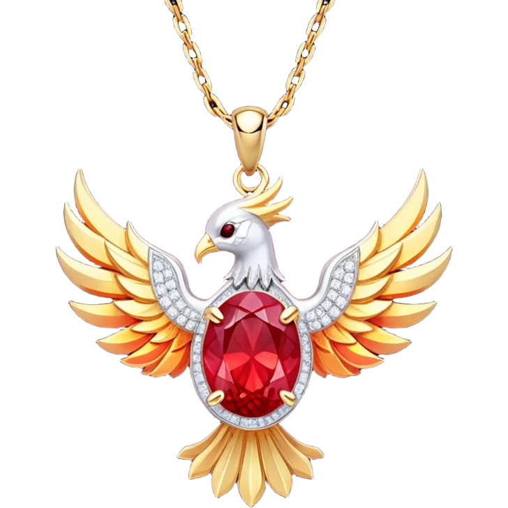 ruby pendant pulsing with fiery light, tiny phoenix emerging inside, haloed by shimmering white stones emoji