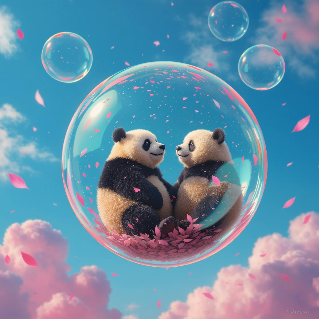 Realistic, Minimalistic Cinematic still of pandas bears sitting inside flying bubbles, blue sky filling background , pink clouds, pink leafs falling around emoji