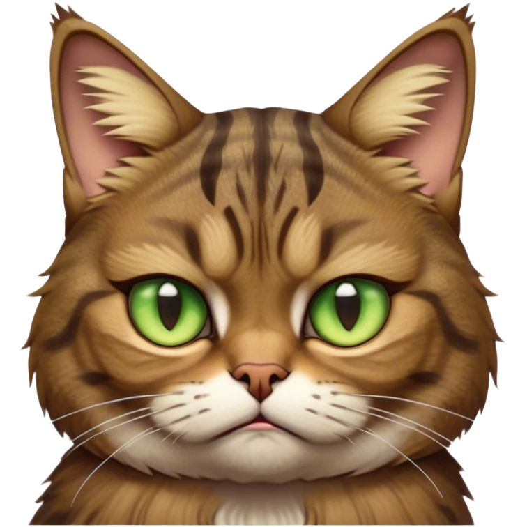 Cinematic Meme-Worthy Grumpy Brown Tabby Cat Portrait Emoji, Head held high but eyes filled with dramatic disappointment, fluffy brown fur with striking tabby markings, signature M-shaped forehead furrowed into an unmistakable scowl, large ears slightly angled back in disapproval, piercing golden-green eyes glaring with pure exasperation, Simplified yet hilariously over-exaggerated features, highly detailed, glowing with an aura of supreme annoyance, high shine, exhausted yet judgmental, stylized with an almost regal pettiness, bright but brooding, soft glowing outline, capturing the essence of a feline that has seen it all and is thoroughly unimpressed, so meme-worthy it feels like it could instantly become the next viral sensation of grumpiness! emoji
