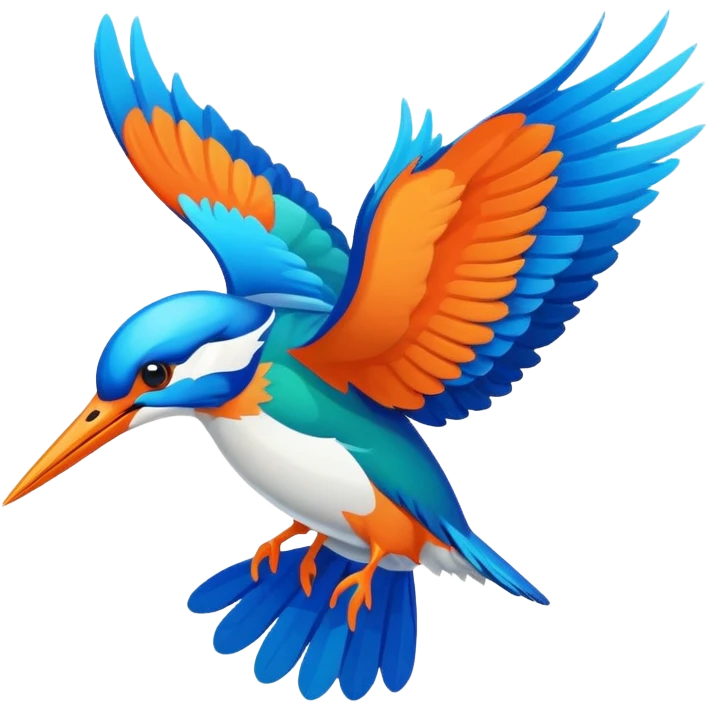 Create an abstract 2D outline of flying kingfisher. Do make it too detailed but make it recognizable. Keep the number of colors limited to only 5 distinct colors.  emoji